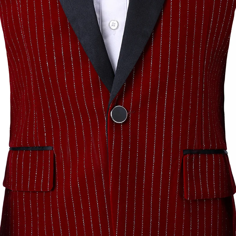 Plyesxale Burgundy Black Royal Blue Striped Suits For Men Slim Fit Mens Velvet Suit 2 Pieces Singer Stage Wedding Costume Q605 | Мужская