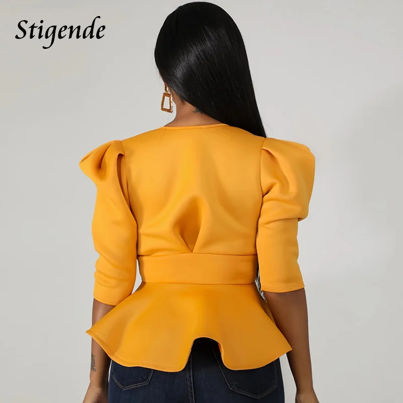 Stigende Half Sleeve Sexy Deep V Neck Bow Blouse Women Summer Casual Solid Color Ruffle Blouse Elegant Bandage Crop Blouse Top