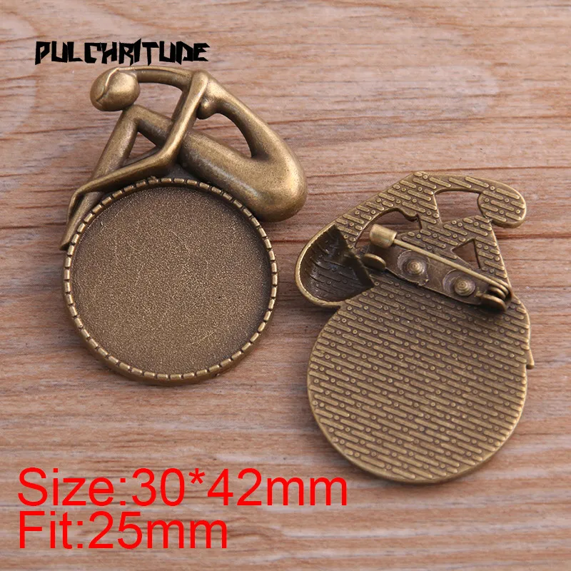 PULCHRITUDE 2pcs 25mm Inner Size Antique Bronze Round Punk Toothed Brooch Cabochon Base Setting Charms Pendant