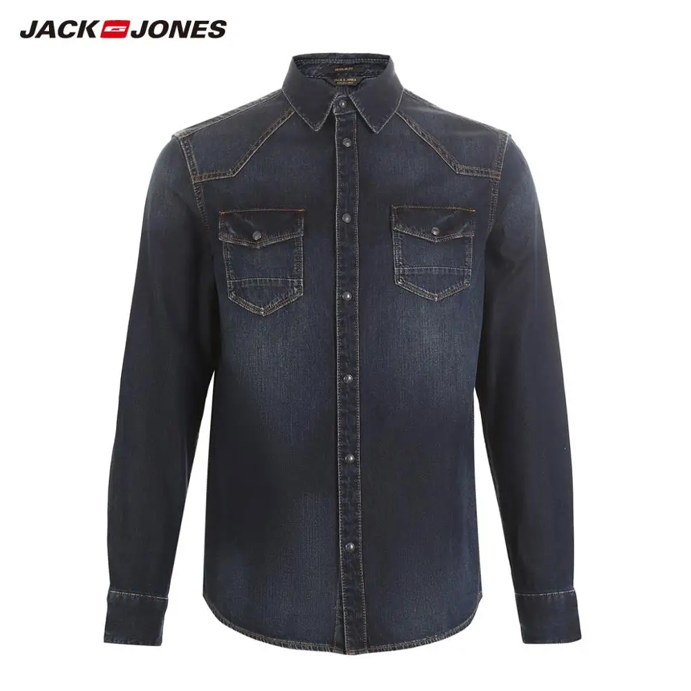 Мужская джинсовая рубашка JackJones модная повседневная из 100% хлопка с длинными