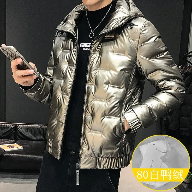 

Новинка 2021, зимняя мужская пуховая куртка, блестящий мужской пуховик с капюшоном на белом утином пуху 80 дюймов, модная куртка в Корейском ст...