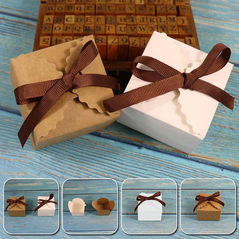 

Свадебная коробка для конфет с лентой из крафт-бумаги Бумага коробка для вечеринки, дня рождения Подарочная коробка конфет; Белый и бежевый ...