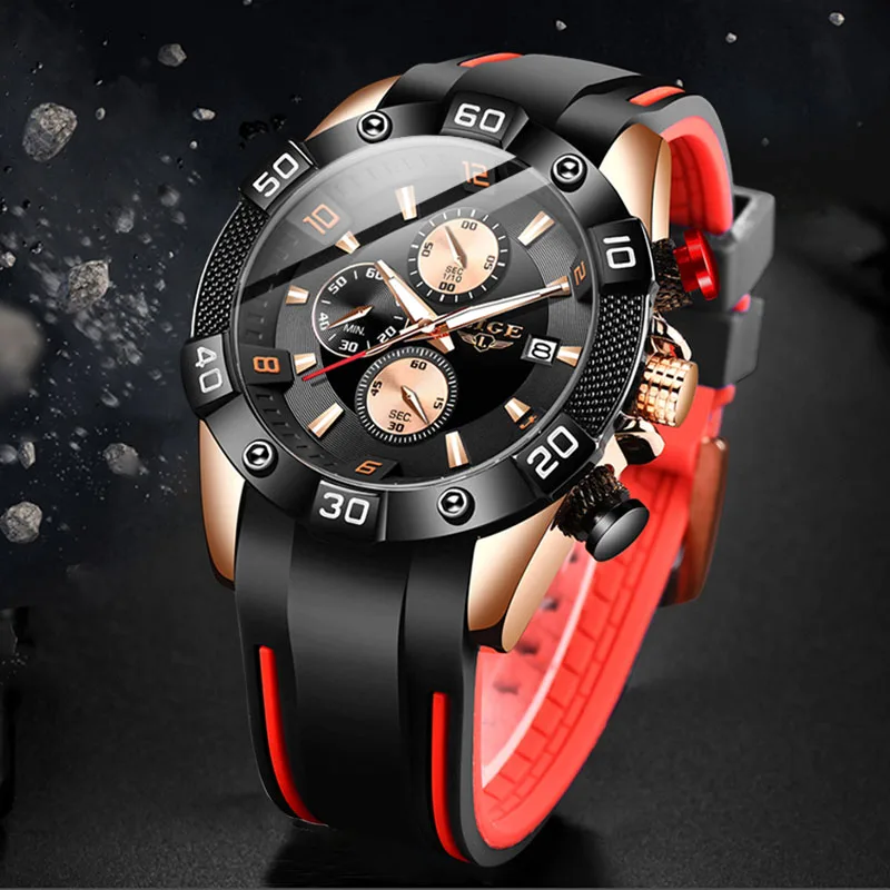 LIGE Fashion Silicone strap Mens Watches Top Brand Luxury Wrist Watch Mens Quartz Clock Waterproof Chronograph Relogio Masculino