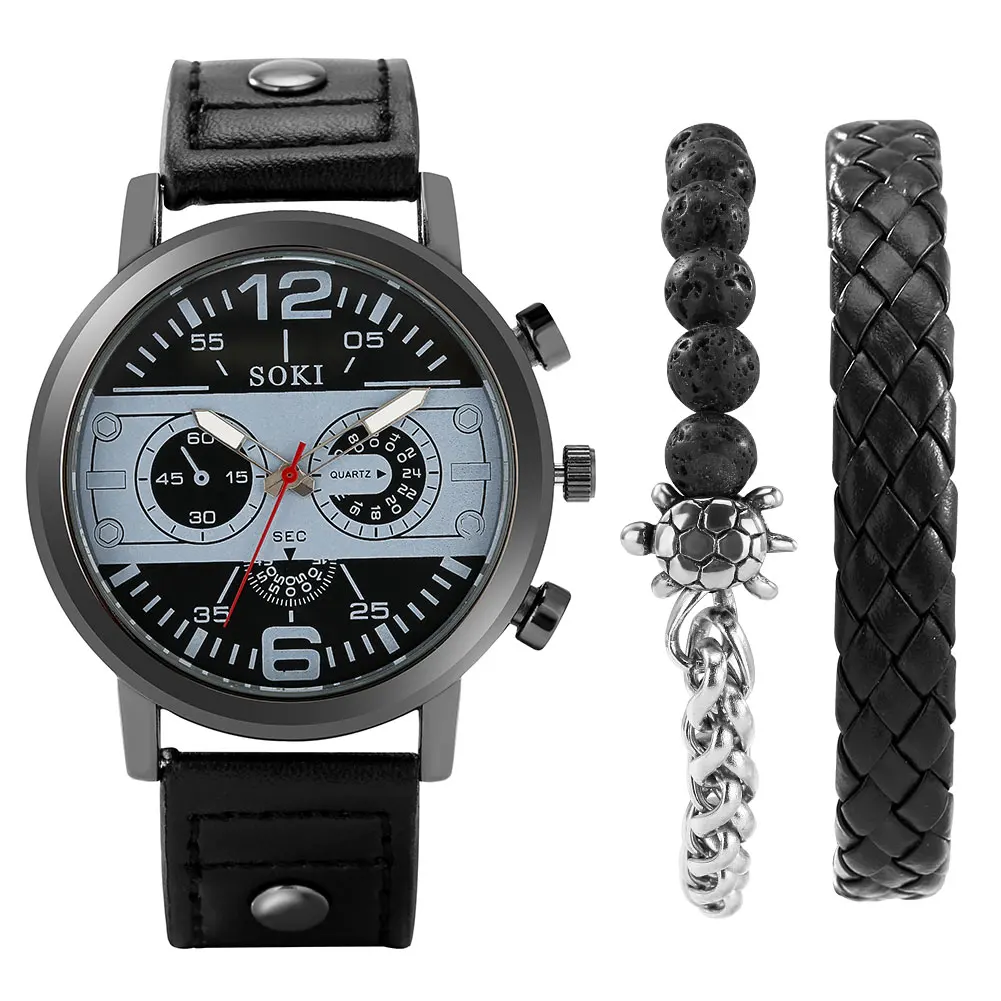 Часы наручные мужские кварцевые с браслетом и кожаным ремешком - купить по