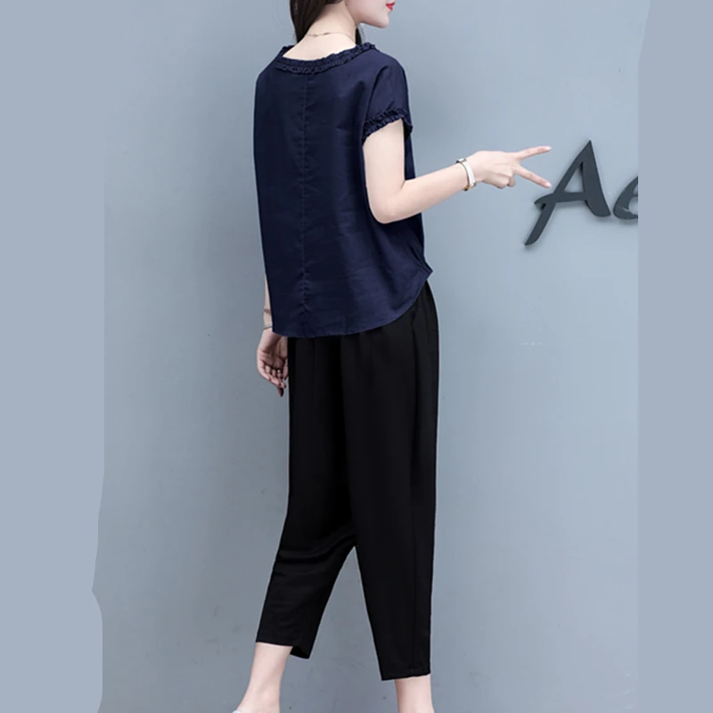 

2021 Summer Fashion New Cotton And Linen Round Neck Short-Sleeved Top + Casual Cropped Trousers Two-Piece Suit Female Trend H013