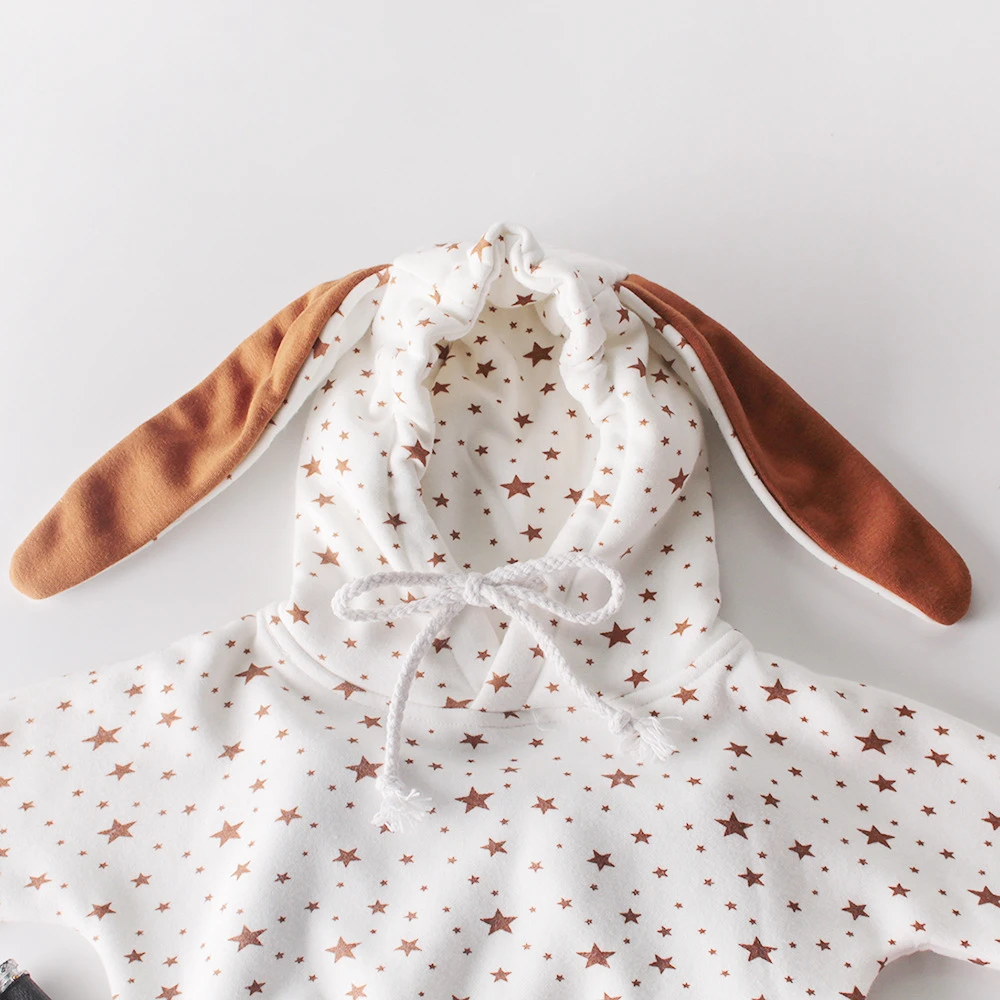 

Koodykids Baby Girl Bodysuits Autumn Winter Velvet Added Warm Rompers Hooded Baby Boy Rompers Spring Stars Printed Baby Clothes