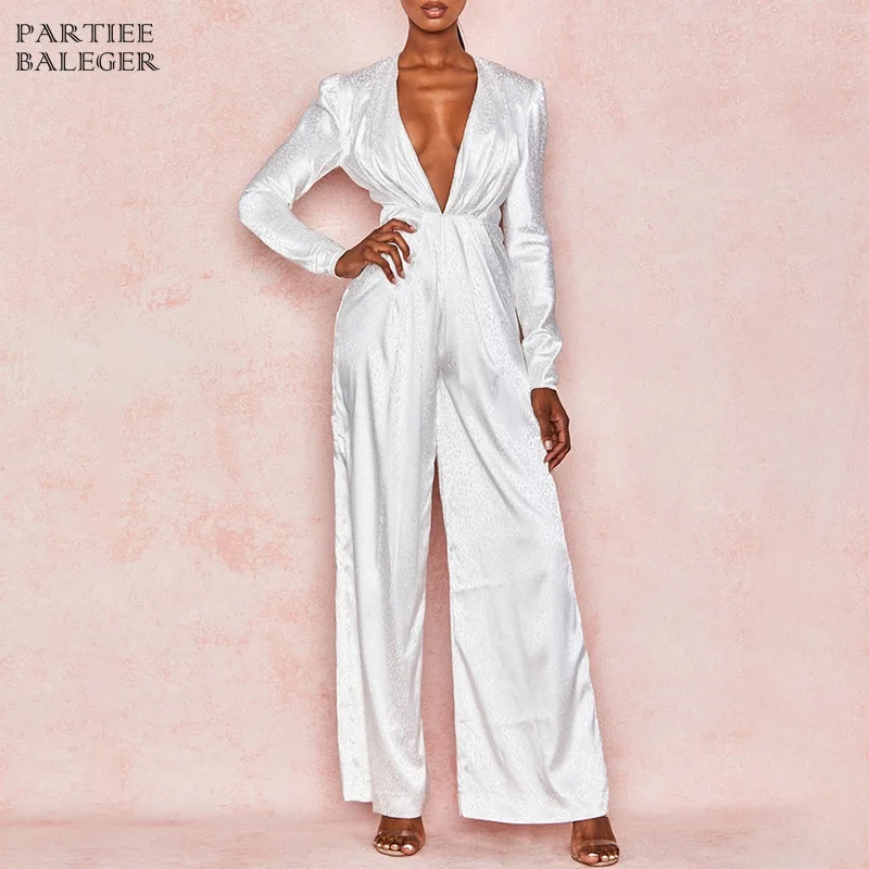 Женский атласный комбинезон PB Белый Вечерние бинезон с длинным рукавом и