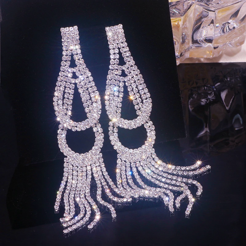Фото Роскошные блестящие серьги-подвески с искусственными кристаллами для женщин