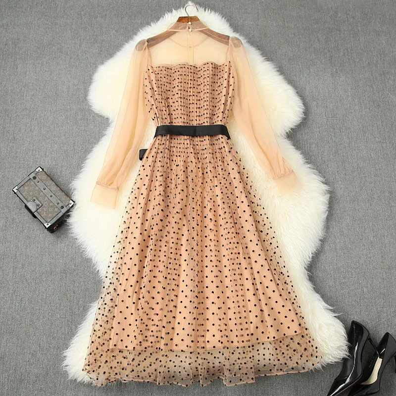 

Mesh High Quality Dress 2021 Spring Fashion Style Women Sexy Tulle Mesh Polka Dot Print Long Sleeve Big Swing Party Sexy Dress