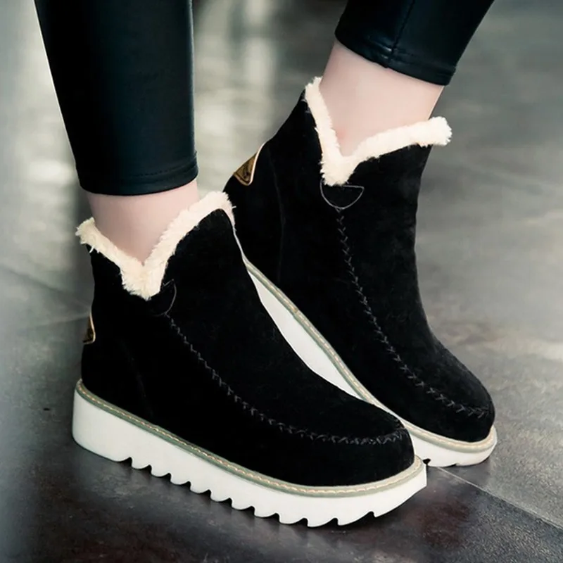 

GAOKE 2023 Autumn Winter Women Snow Boots Round Toe Ankle Warm Plush Boots Slip-On Shoes Flats Black Beige Brown Size 34-43