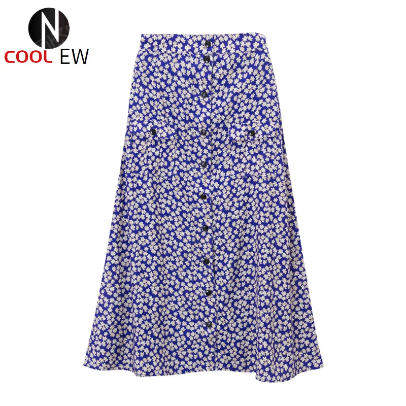 

100% Cotton Blue Floral Printed Aline Long Skirt With Buttoned Front Clousred - Fall/Sprint StyliSh Fashion Floral Skirt