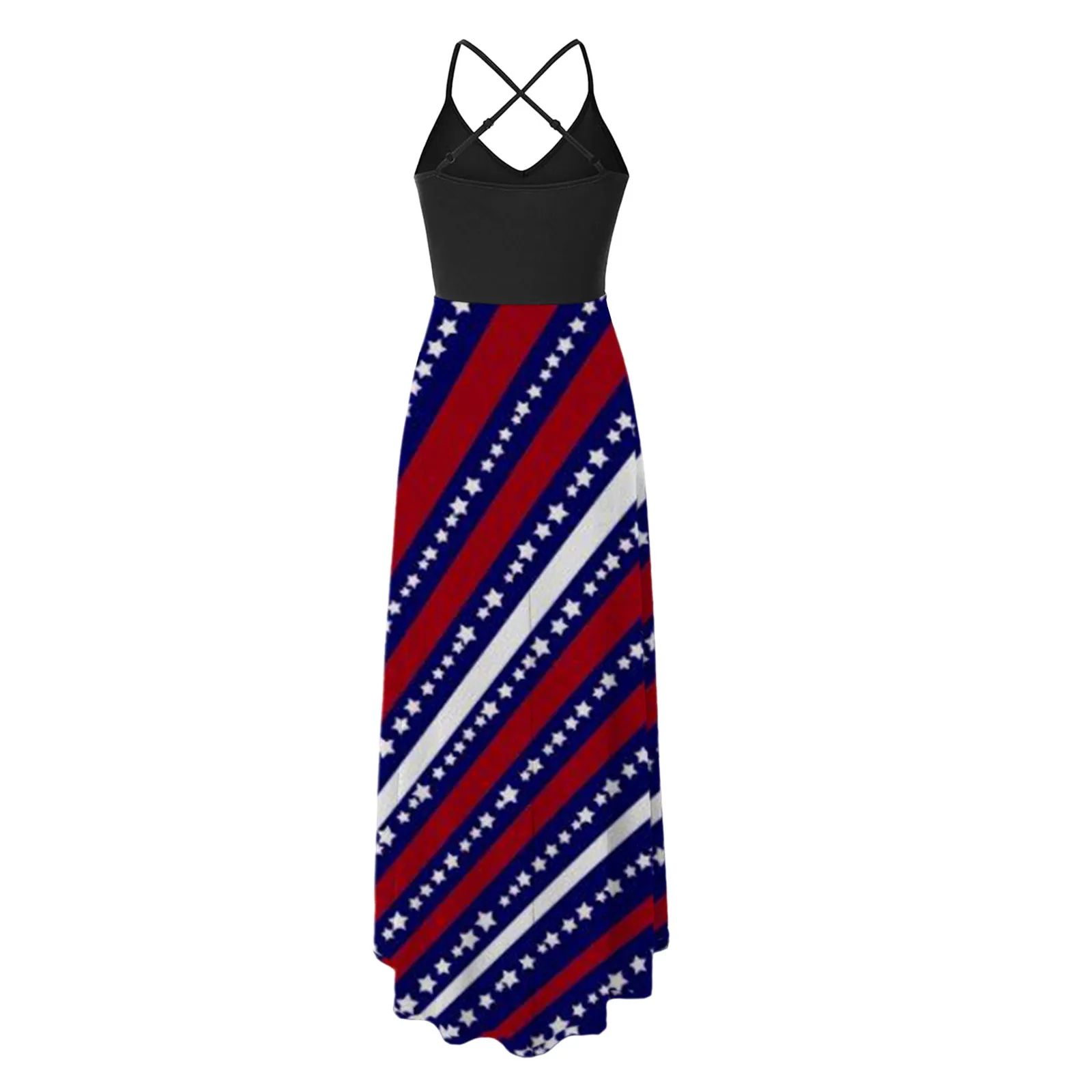 

40# Spagetti Strap Independence Day Printed Dress 2021 High Waist A-line V-neck Sling Asymmetrical Dress Woman Vintage Dresses