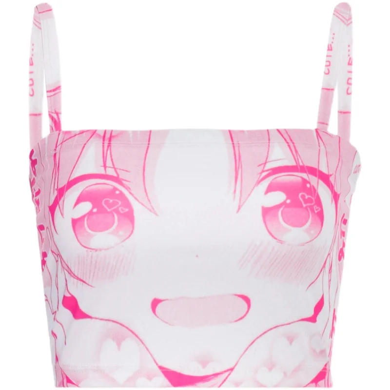

Y2k E-girl Pink Women Summer Crop Top Kwaii Girl Cartoon Print Bodycon Tank Top Backless Sleeveless Women's Clothing