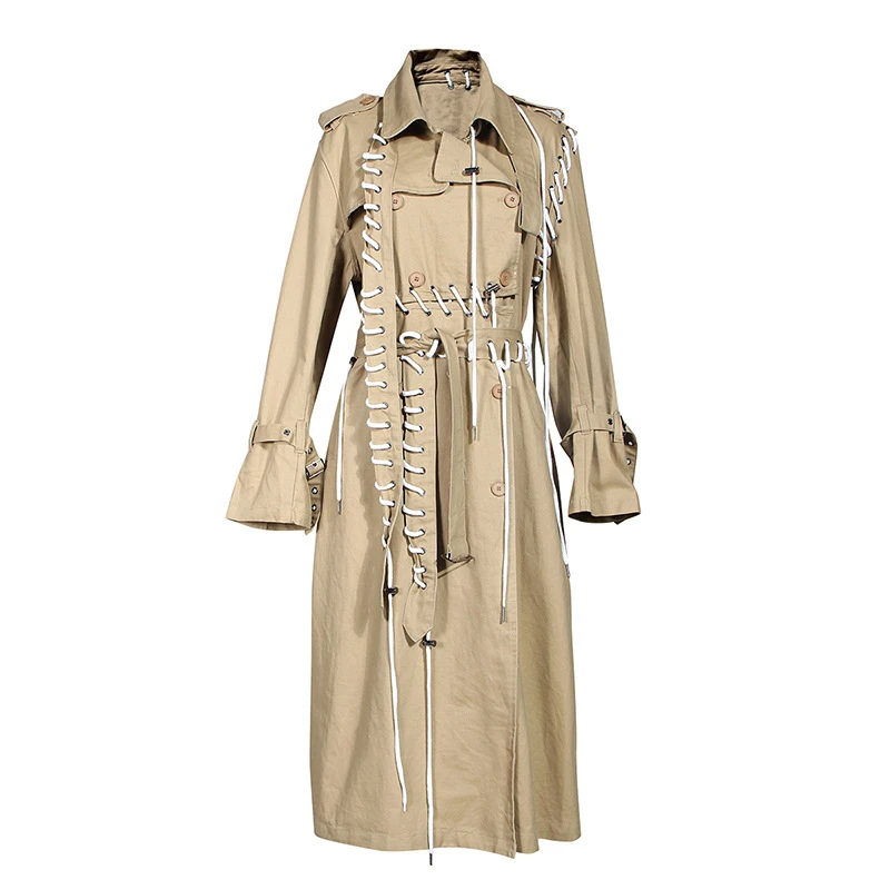 

ZURICHOUSE 2021 Women Trench Spring Long Coat Fashion Drawstring Bandage Design Irregular Patchwork Loose Fit Windbreaker Coat