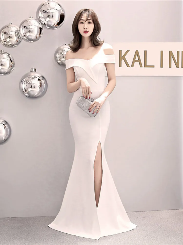 Skyyue Evening Dress Off The Shoulder Women Party Dresses Short Sleeve Robe De Soiree Sexy V-neck Split Formal Gowns C087