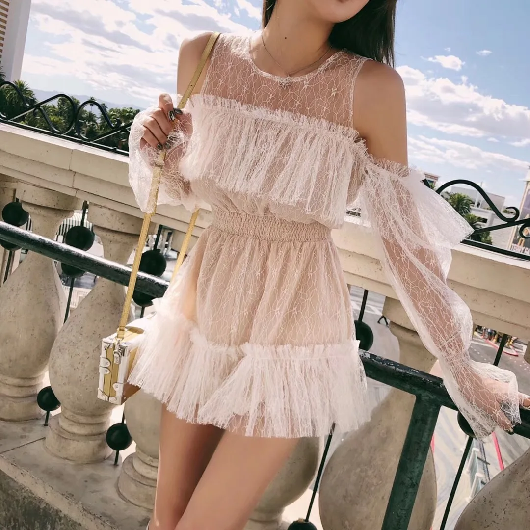 

Catwalk Alice Mccall Nude Pink Fairy Charming Lace Hollow Long-sleeved Off-shoulder Jumpsuit Dress Dress