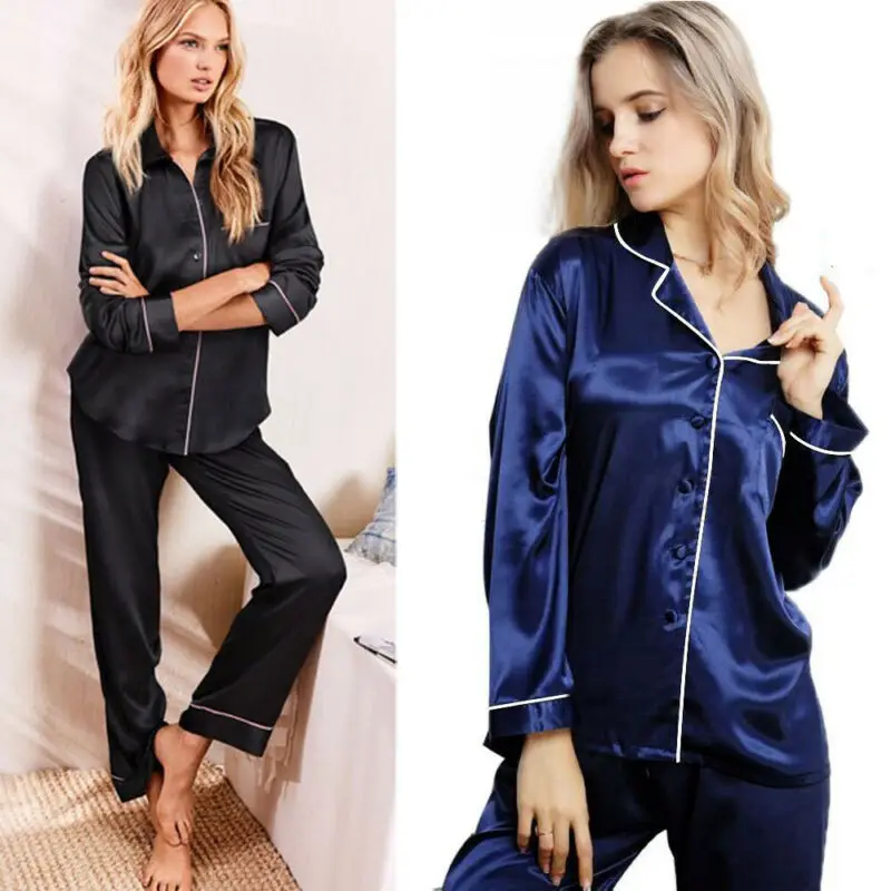 

Women Pajama Sets Silk Satin Pajama Turn-down Collar Sleepwear Lady Long Sleeve Spring Nightwear 2 Pieces Sets Homewear