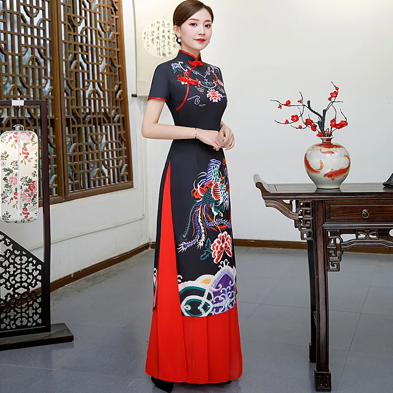 Большие размеры 3XL 4XL 5XL китайские традиционные женские Aodai вышивка цветок Qipao