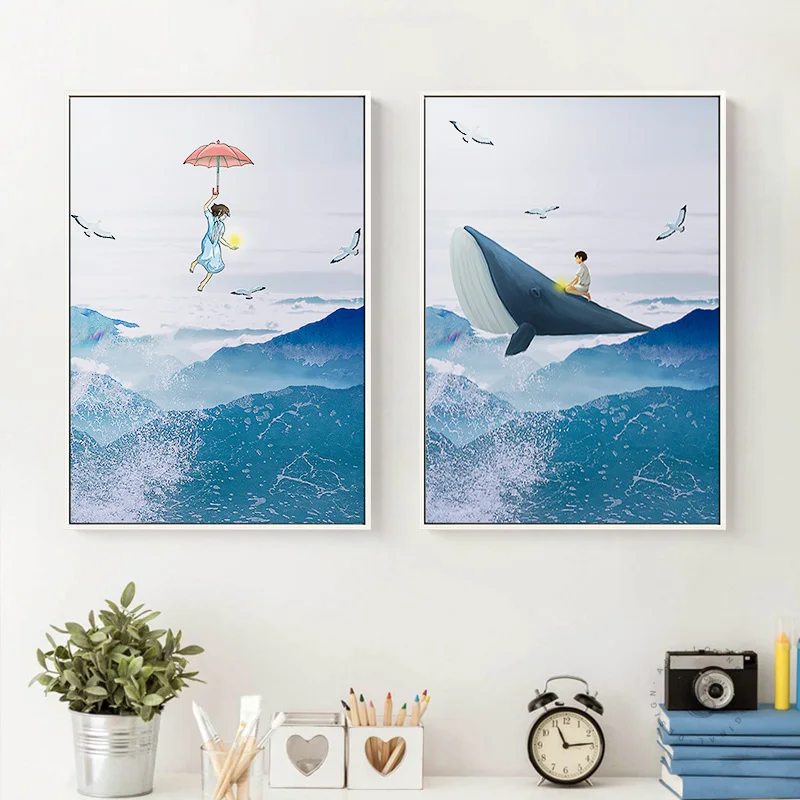 Девушка с красным зонтиком мальчик Китом на синем океане мультфильм стены