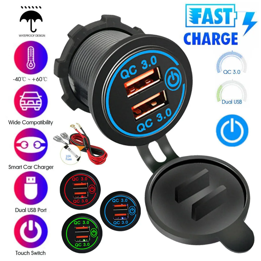 

36 Вт QC 3,0 сенсорный выключатель водонепроницаемый универсальный мотоцикл автомобиль Грузовик Лодка двойное зарядное устройство USB разъем д...