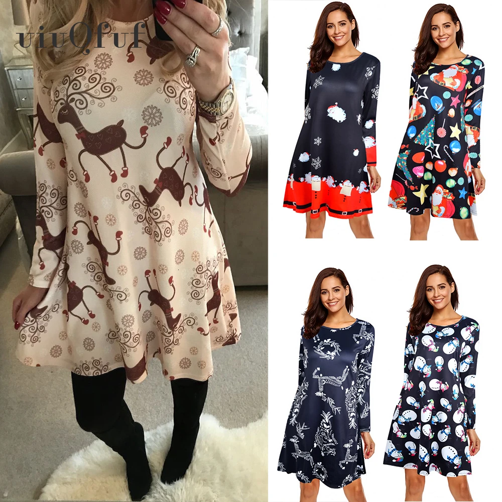 Рождественское платье с круглым вырезом и длинным рукавом принт оленя снеговика