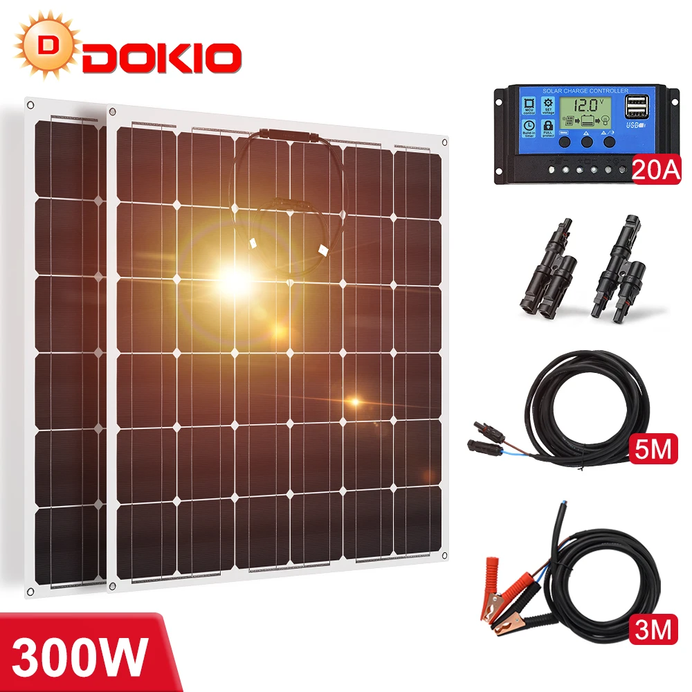 

Dokio 18V 150W/300W flexible Monocrystalline Solar Panel For Car/Boat/Home Solar Battery Charge 12V Waterproof Solar Panel China