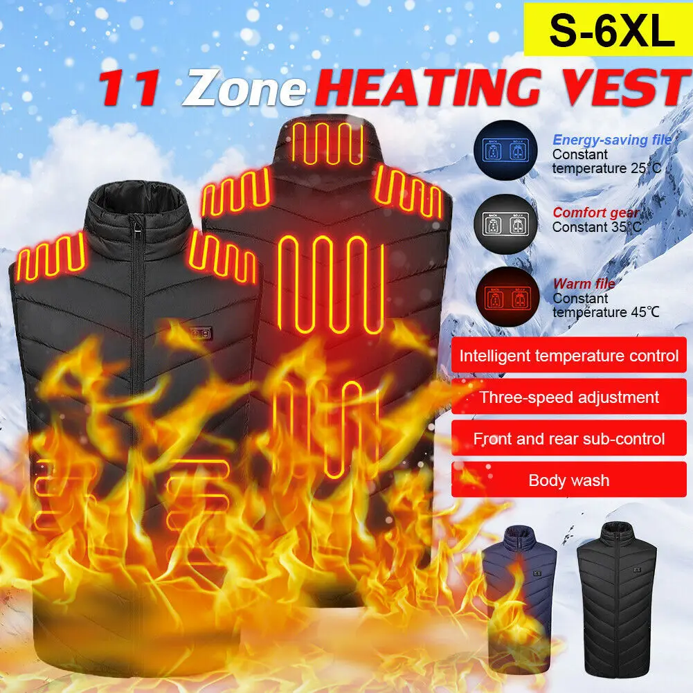 

11 Places Usb Heated Jacket Heated Vest Men Women Heating Vest Thermal Clothing Hunting Vest Winter Heating Jacket BlackS-6XL