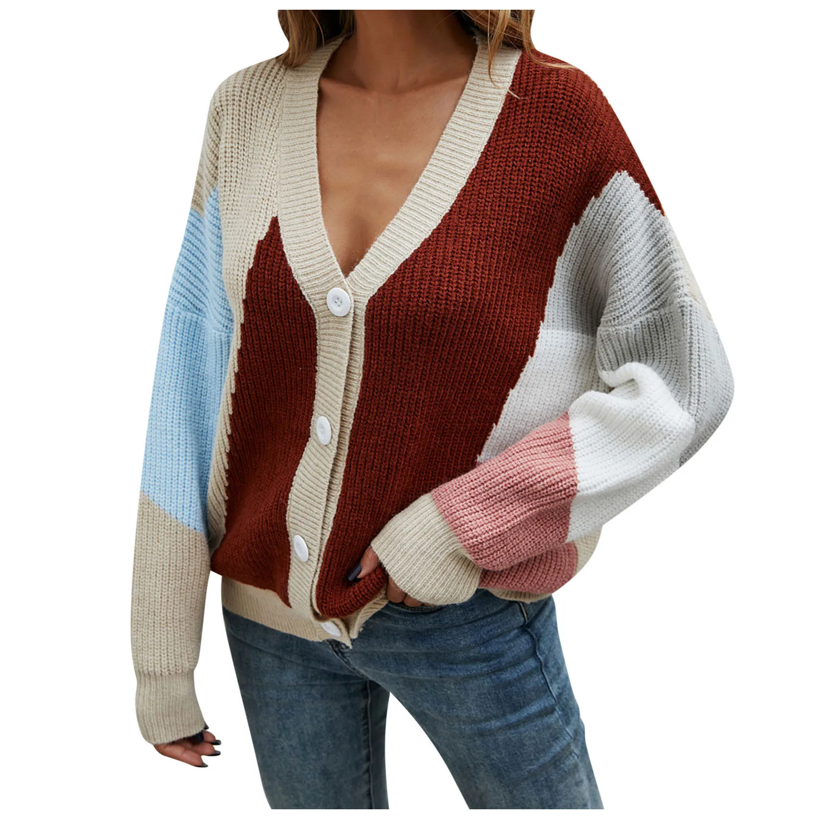 

V-neck Long Sleeve Knitted Sweater Female Clother 2021 Autumn Women's Cardigan Button Loose Short Patchwork
