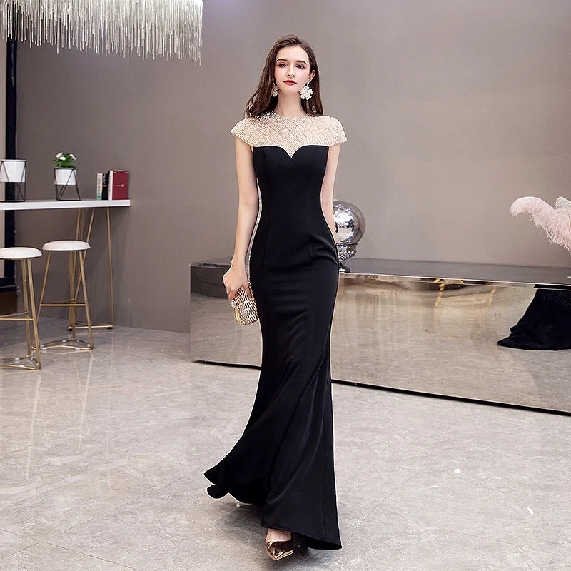 

Elegant Black Mermaid Evening Dress Luxury Handmade Crystal Beading Long Formal Wedding Banquet Prom Party Gowns Cap Sleeves New