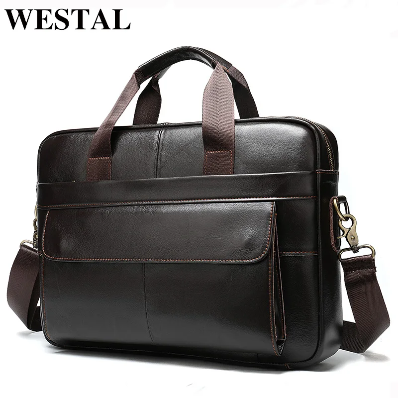 

WESTAL men's briefcase bag men's genuine leather office bags for men leather laptop bag business handbag 1115