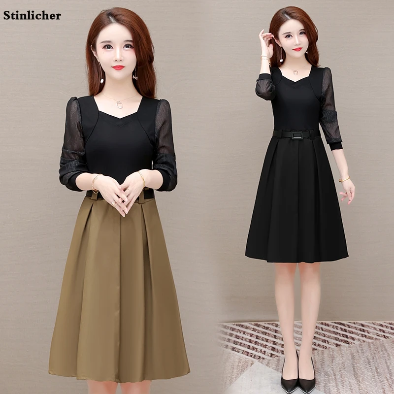 

M-5XL Women Dress Spring Autumn Long Sleeve Mesh Patchwork Casual Midi Dress Retro Female Belt Tunic Dress Robe Vestido