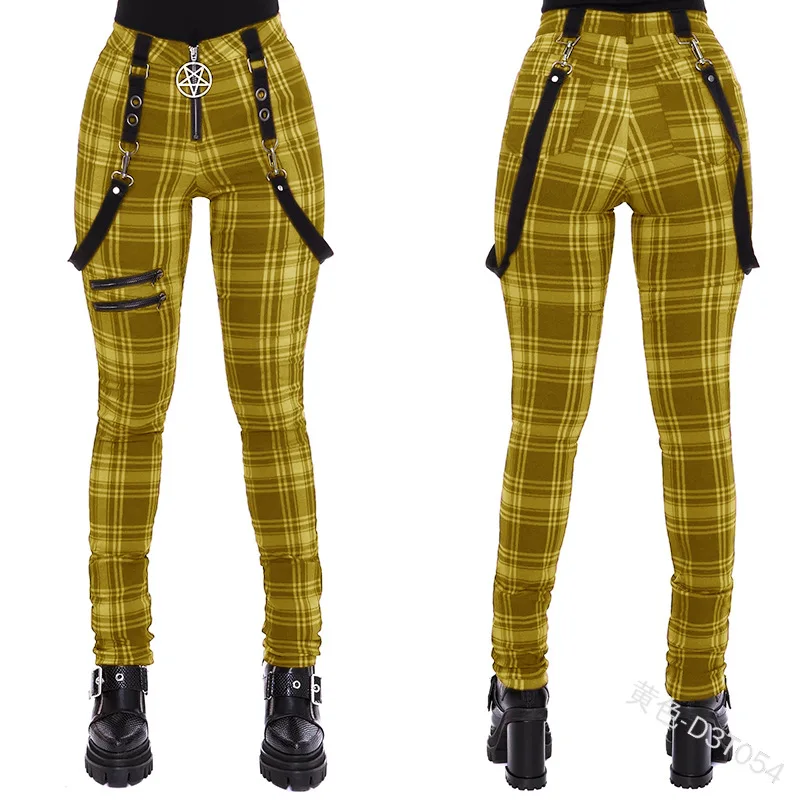 

WEPBEL Punk Women Plaid Pants Gothic Trousers Hip Hop Skinny Pants Multi Pocket Street Style Long Bib Pant Leggings Overalls