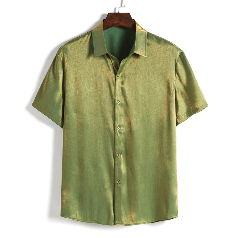 

Рубашка мужская блестящая однотонная с коротким рукавом, костюм вечерние НКИ, ночного клуба, выступления, уличная одежда в японском стиле, п...