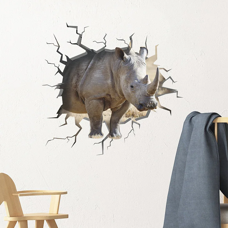 

New Cartoon Broken Wall Ferocious Rhino Boy Room Porch Wall Decoration Decoration Stickers Self-adhesive