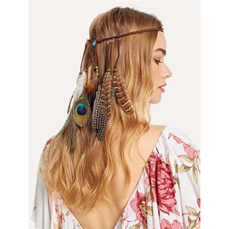 Повязка на голову Haimeikang резинка для волос взрослых кулон перо павлина повязка с