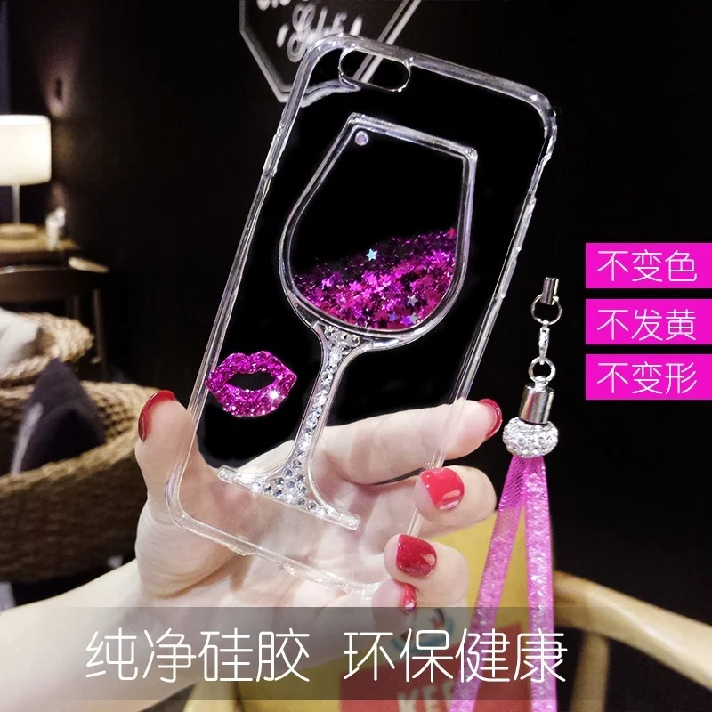 For iPhone 11 Pro X XS MAX XR 6 6S 7 8 Plus 5 SE 2020 Case Liquid Quicksand Bling Rhinestone Wine Glass Cover Hang Rope |
