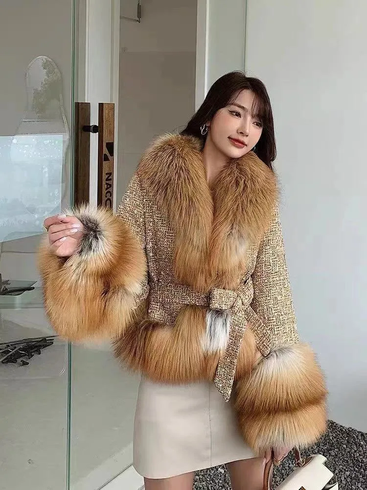 TOP Quality 2021 Winter New Fashion Trend Luxurious Red Fox Fur Jacket Women's Large Real Tweed Wool Coat Female Outerwear enlarge