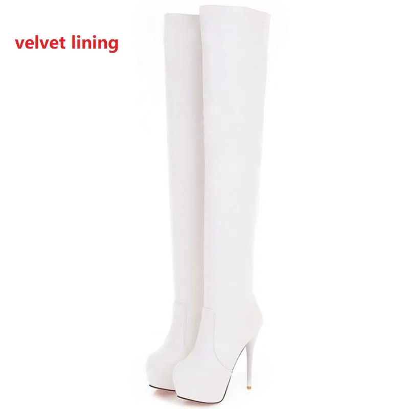 white velvet Haoshen& Girl/ботфорты выше колена женские зимние теплые эластичные сапоги на платформе с мехом пикантные вечерние сапоги для ночного клуба Большие размеры 33-46 - Цвет: white velvet