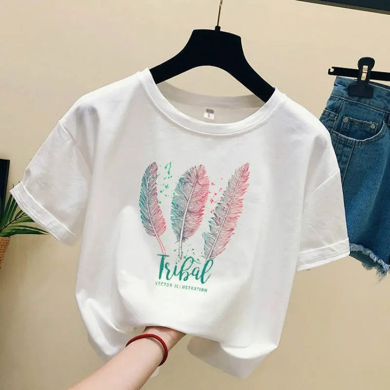

2020 Summer T-shirt Women Lady Top Cotton Female T-shirt Clothing Printed Feather Letter Top Cute T-shirts for Women