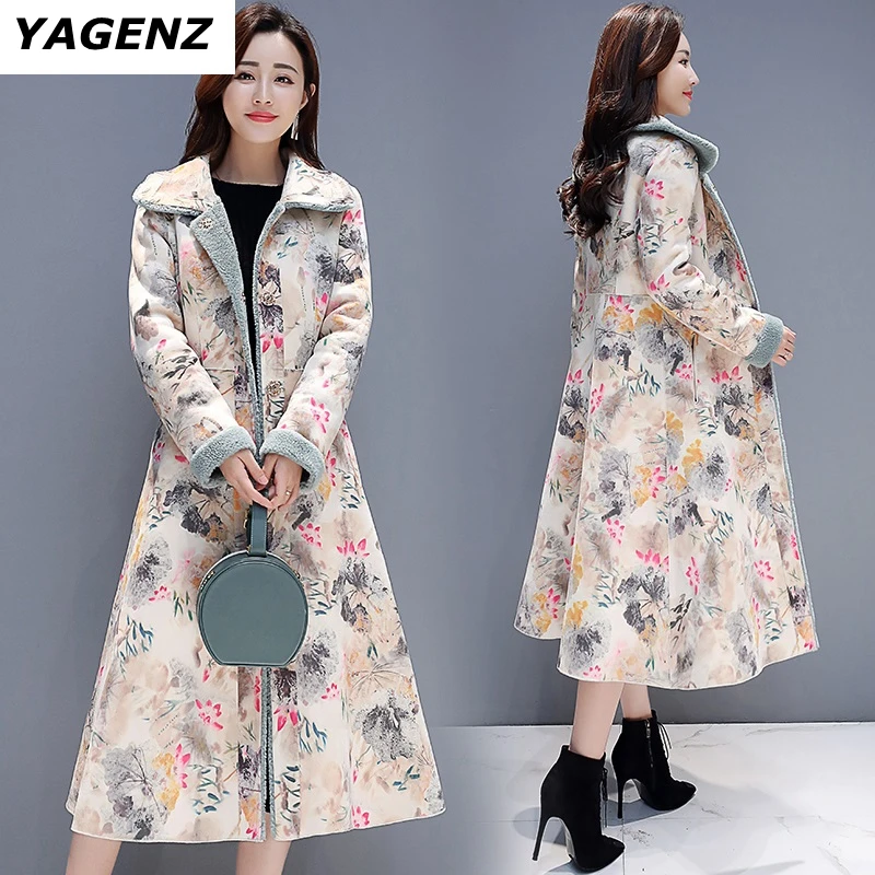 2019 Новая женская зимняя куртка длинное замшевое хлопковое пальто с принтом из