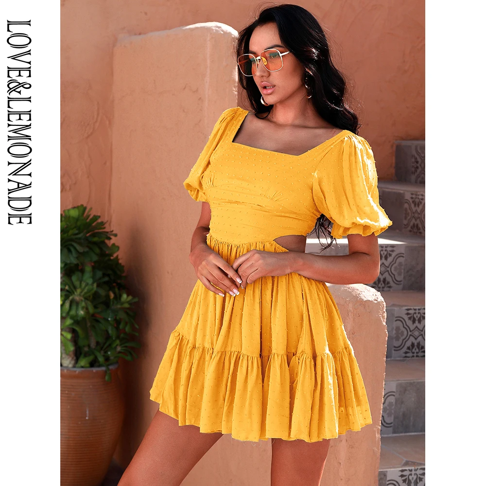 

LOVE&LEMONADE Yellow Round Neck Waist Cut Out A-Line Polka Dot Rayon Material Short Sleeve Summer Mini Dress LM83065