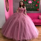 Платье Quinceanera с 3d-аппликацией сердечком открытыми плечами Выпускные платья Длинные тюлевые платья для невесты 15 лет 2020
