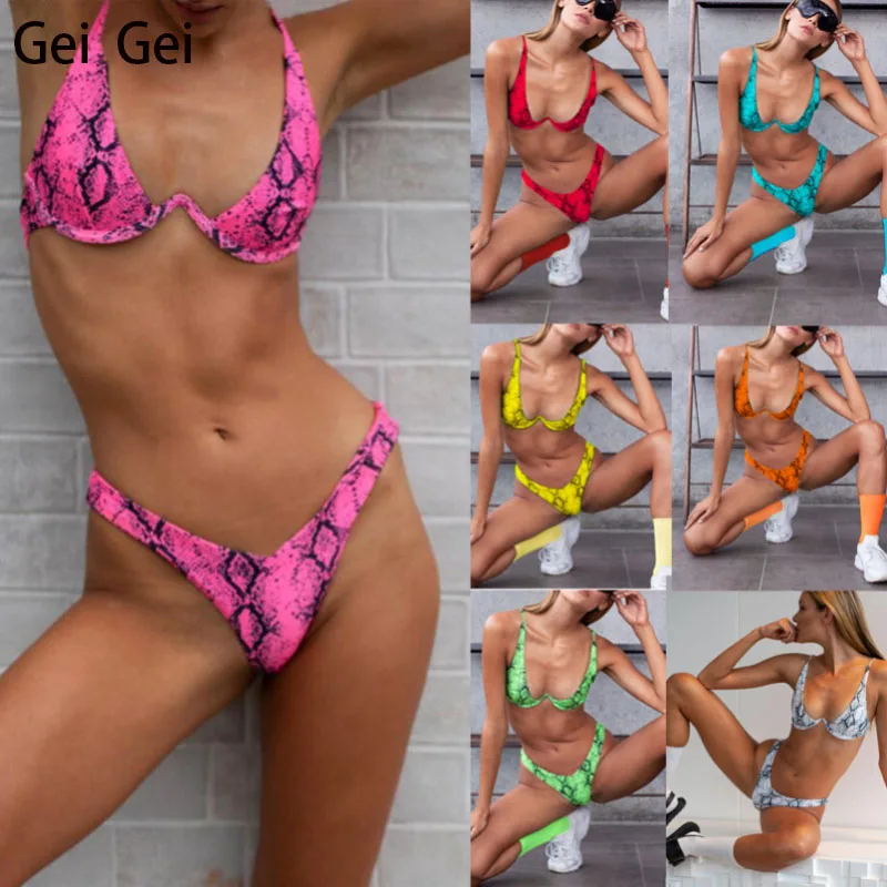 Женский повседневный комплект бикини из змеиной кожи со стальной опорой