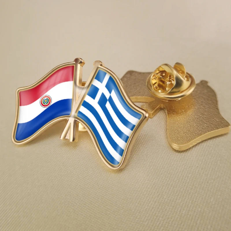 

Paraguay and Greece Crossed Double Friendship Flags Lapel Pins Brooch Badges