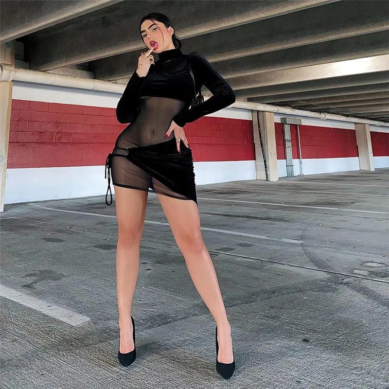 

Женское облегающее платье в стиле пэчворк, соблазнительные ажурные платья с длинным рукавом, осень 2021, элегантная одежда для ночного клуба, ...