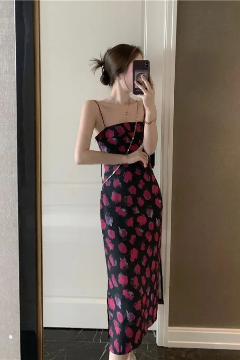 

Sexy slim dress women's summer dress new seaside holiday floral skirt mid length bag hip suspender skirt