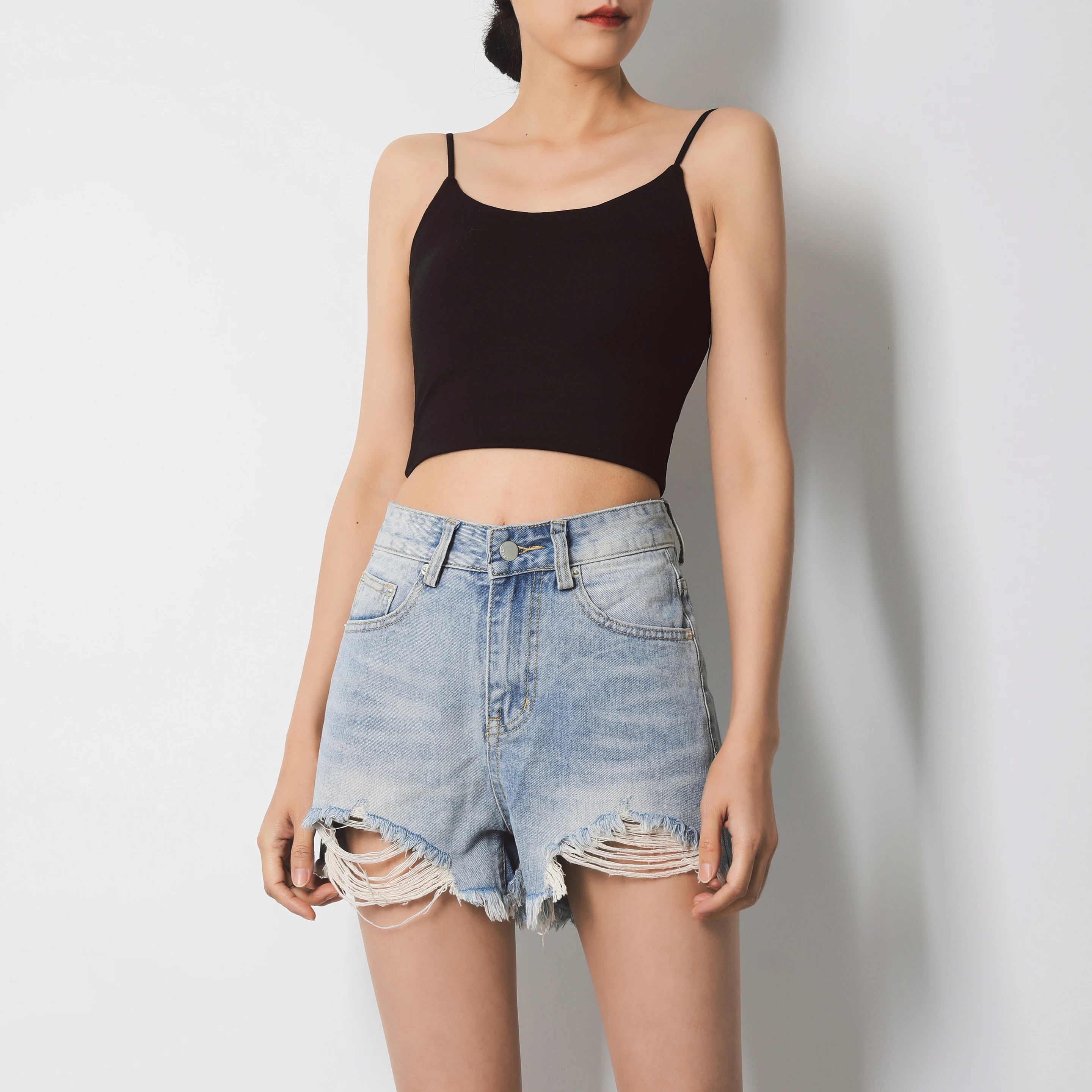 

Perforated denim shorts women's high waist 2021 new summer thin loose slim A-line high waist hot pants