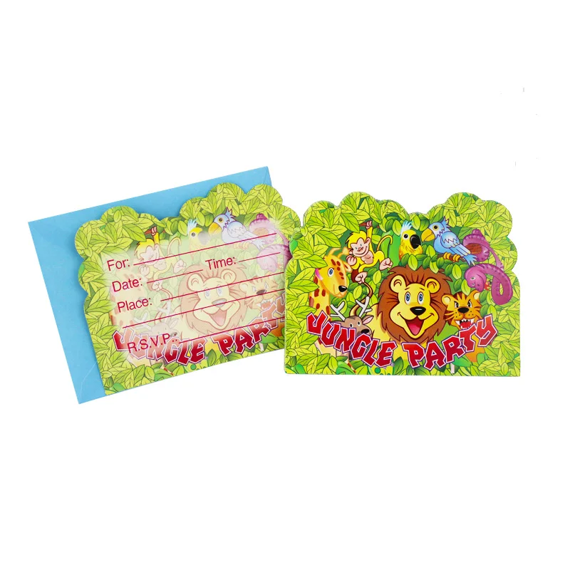 invitation card 6pcs Новые прекрасные джунгли животные тарелки для вечеринки салфетки чашки попкорн коробка Лев вечерние флаг посуда для детского дня рождения вечерние поставки - Цвет: invitation card 6pcs