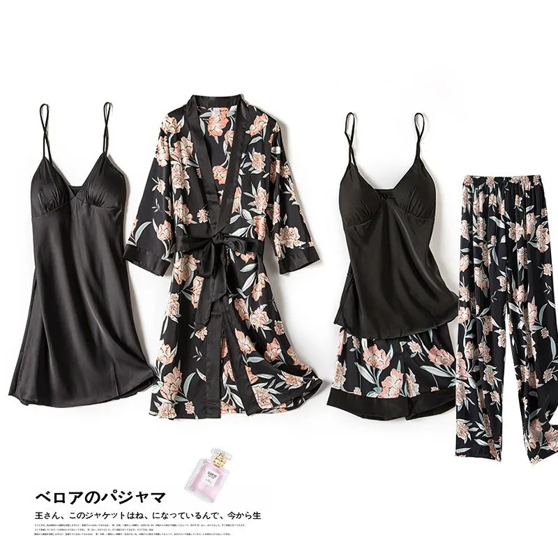 Print Flower Wedding Robe Set Women Sexy Nightwear Nightgown Suit Loose Kimono Bath Gown Silky Soft Satin Home Clothes Lingerie