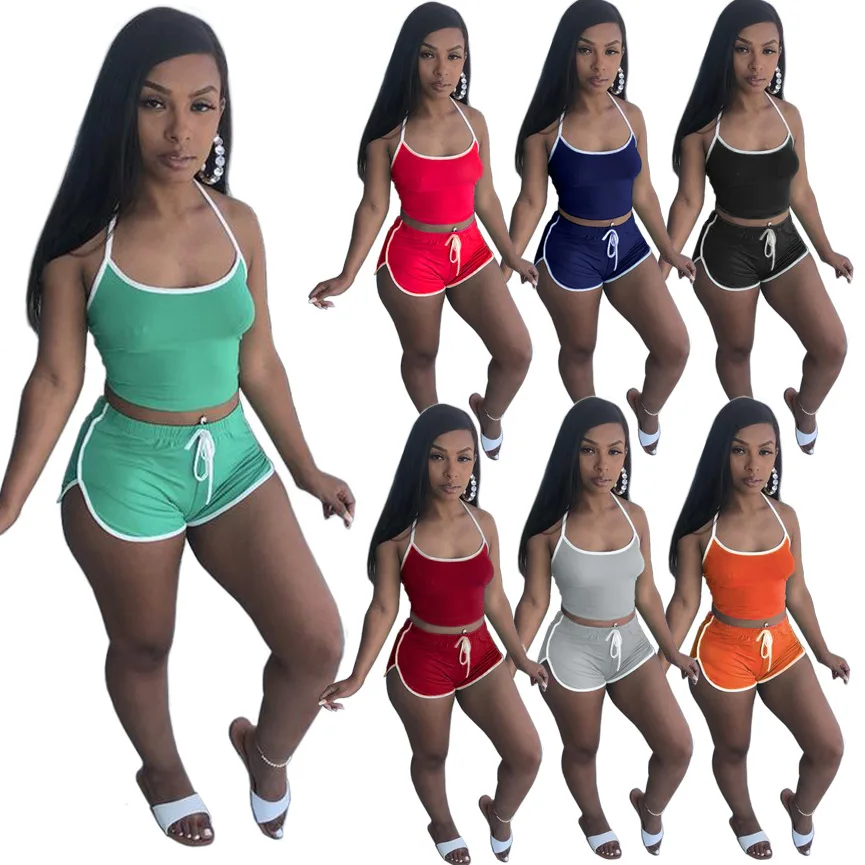 

2021 Summer New Large Size Women's Solid Color Outdoor Sports Halter Top Shorts Suit Two Piece Set